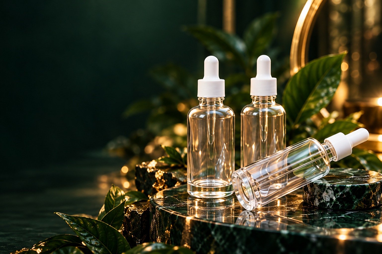 Visual sinematik botol kaca dropper 50 ml dengan pipet putih